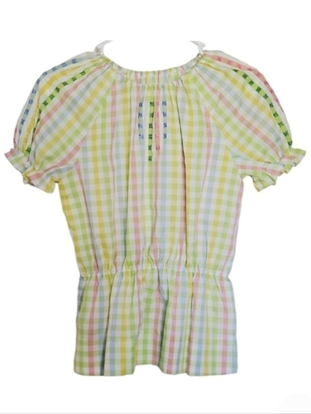 1388 * Girls Checkered Blouse Green Yellow Size Unknown Hsndmade Vintage